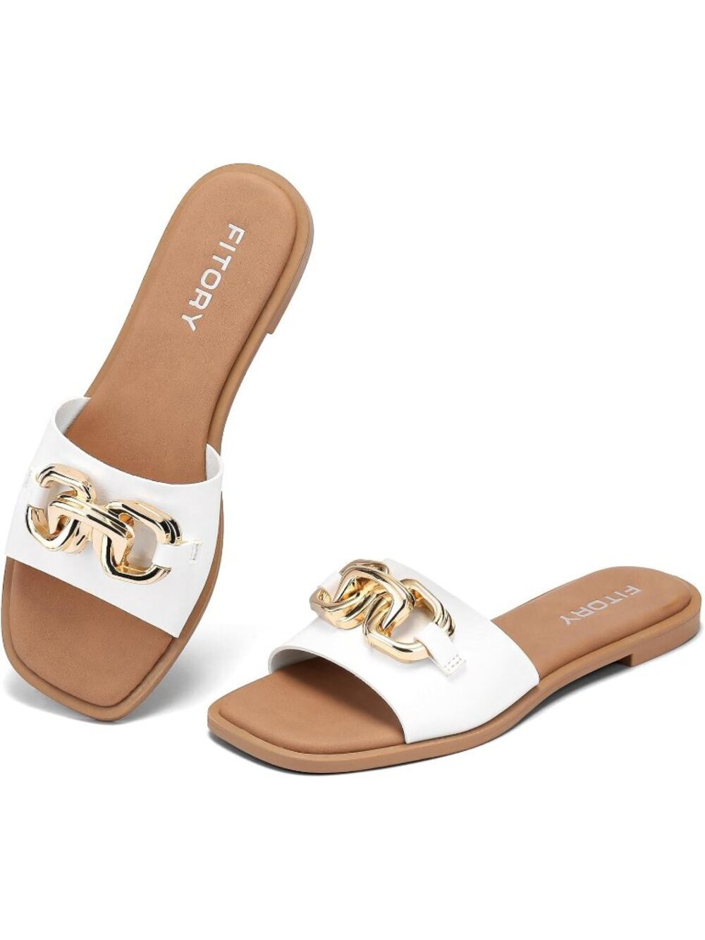Women's White Flat Slides With Soft Vegan Upper Leather Slippers Causal